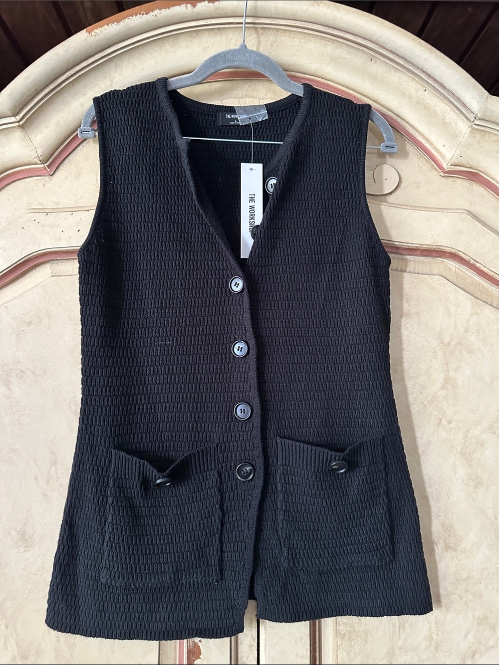 NWT The Workshop Women's Black Textured Sweater Button Vest size Large